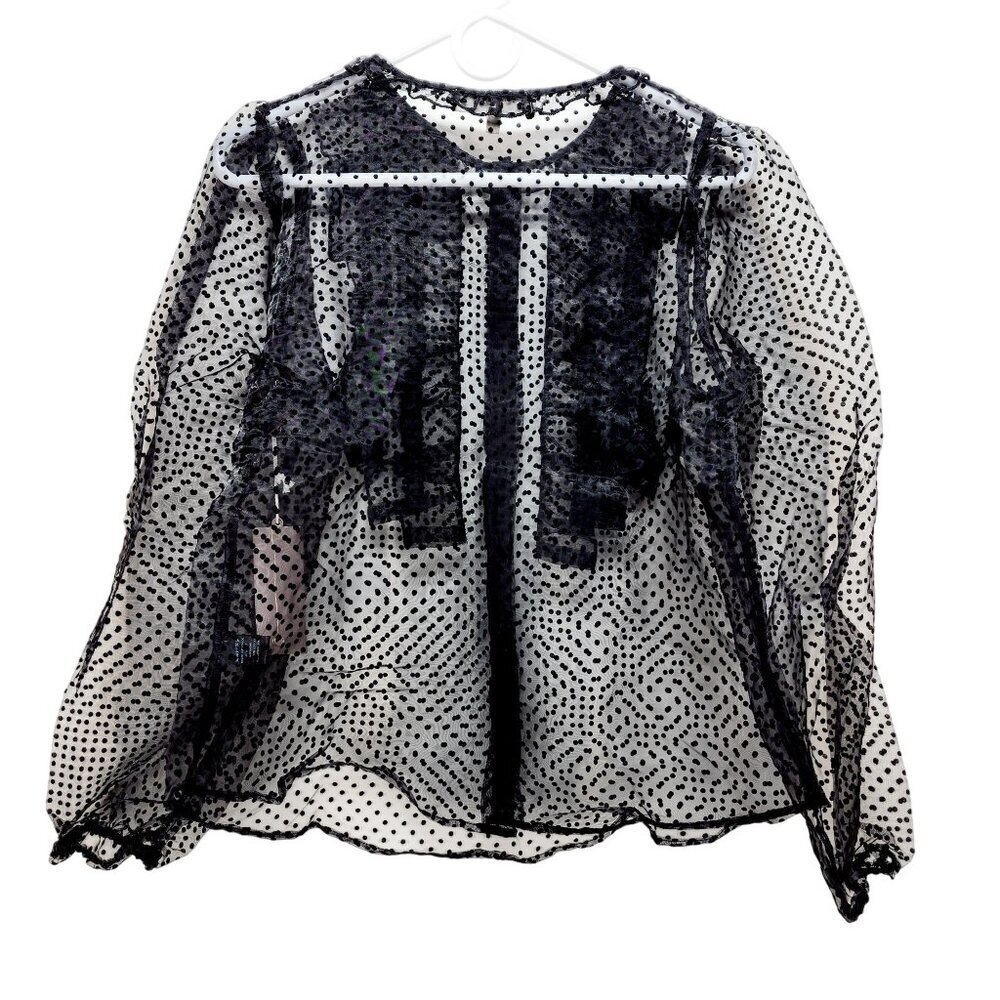 Sheer Black Polka Dot Long Sleeve Blouse With Ruffle Detail Size M
